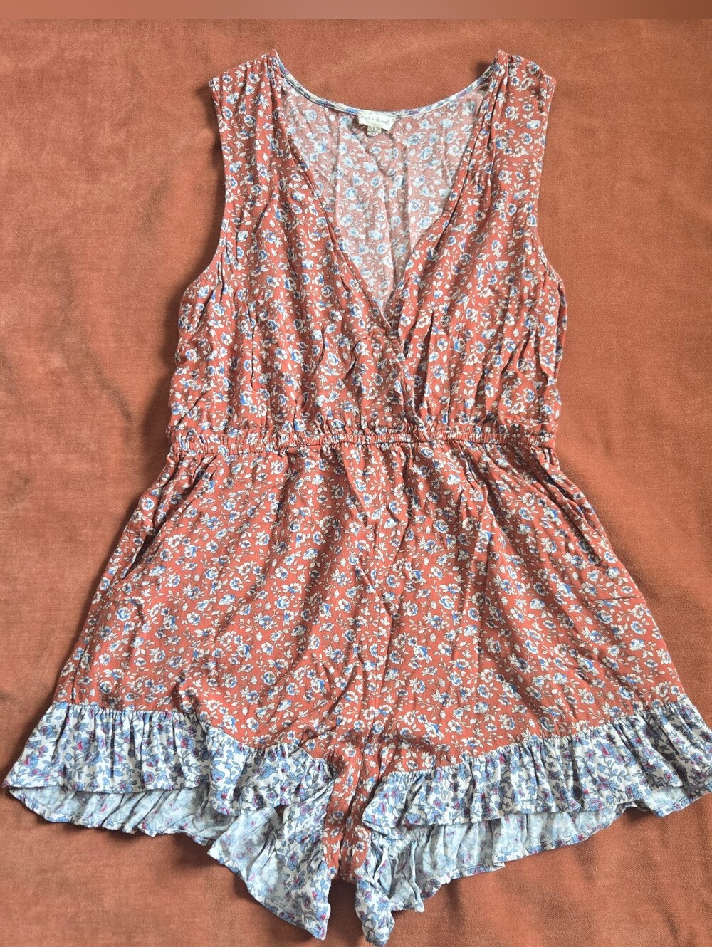 Hem & Thread Rust Floral Sleeveless Romper with Blue Accents